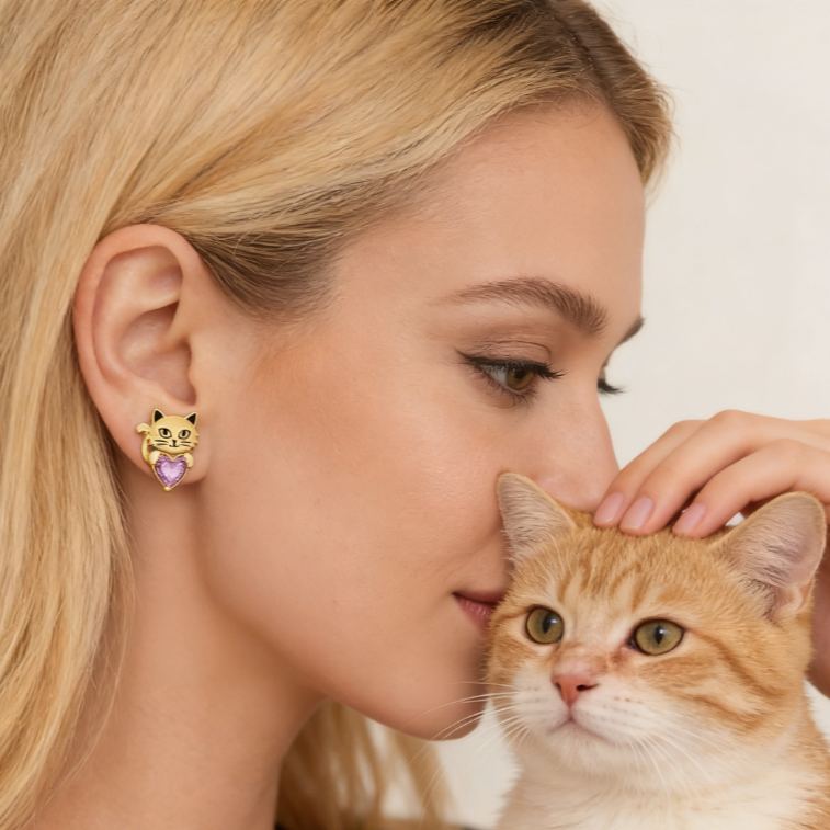 Personalized Heart-Shaped Birthstone Stud Earrings with Cat Motif Sterling Silver Jewelry Gift for Her