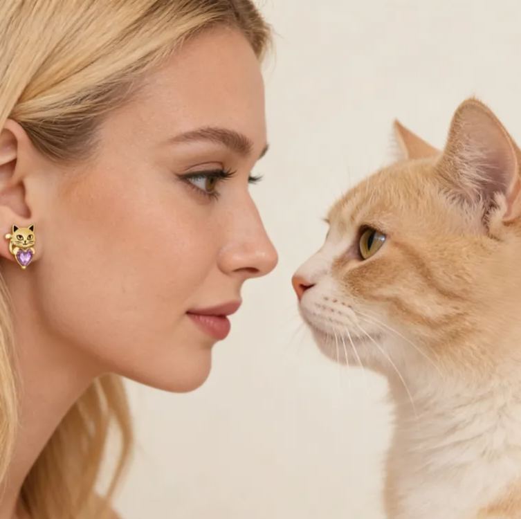 Personalized Heart-Shaped Birthstone Stud Earrings with Cat Motif Sterling Silver Jewelry Gift for Her