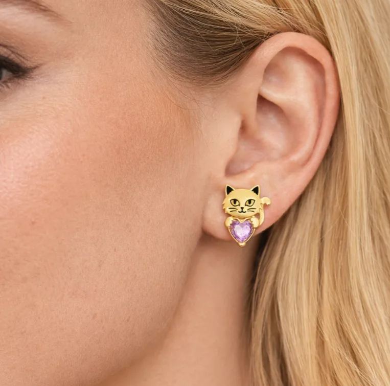 Personalized Heart-Shaped Birthstone Stud Earrings with Cat Motif Sterling Silver Jewelry Gift for Her