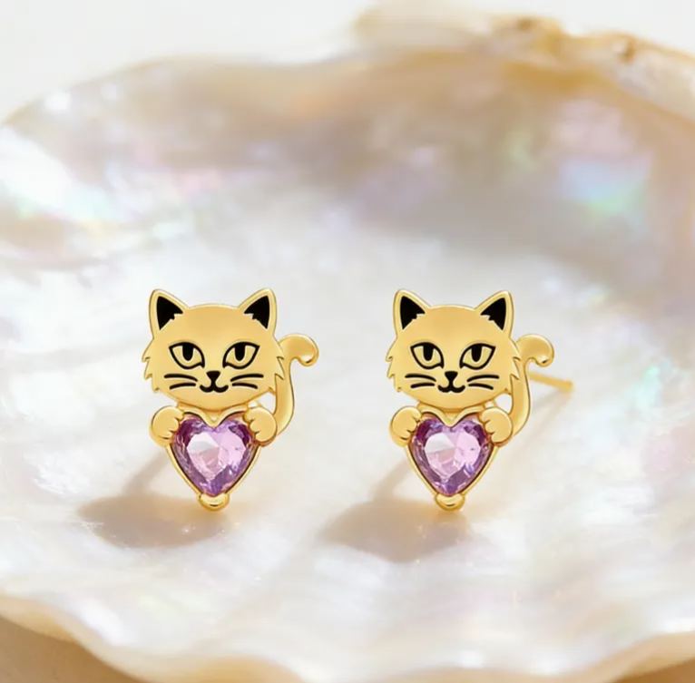 Personalized Heart-Shaped Birthstone Stud Earrings with Cat Motif Sterling Silver Jewelry Gift for Her