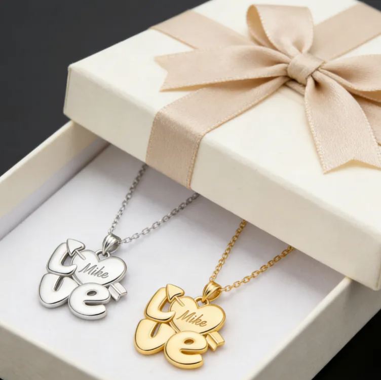 Personalized Custom Name Love Necklace Heart and Arrow Design 925 Sterling Silver or Gold Plated Personalized Engraved Pendant Romantic Gift for Her 925 Sterling Silver 