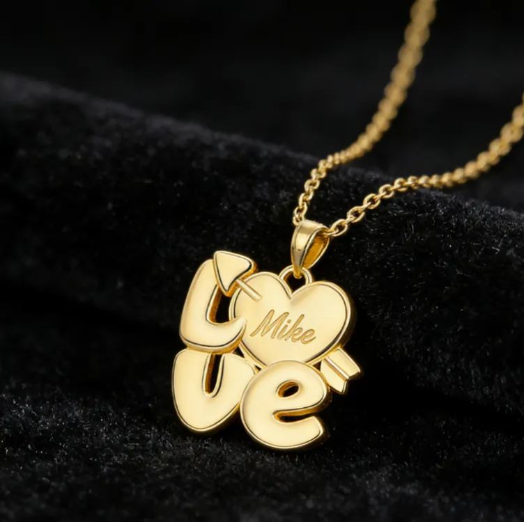 Personalized Custom Name Love Necklace Heart and Arrow Design 925 Sterling Silver or Gold Plated Personalized Engraved Pendant Romantic Gift for Her 925 Sterling Silver 