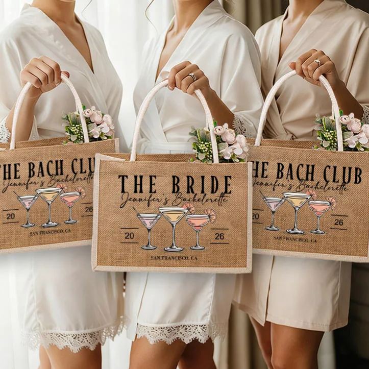 Personalized Bridesmaid The Bach Club Cocktail Burlap Tote Bag Bride Tote Bag Wedding Location Jute Beach Bag Bridal Shower Bachelorette Party Gift