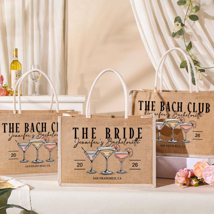 Personalized Bridesmaid The Bach Club Cocktail Burlap Tote Bag Bride Tote Bag Wedding Location Jute Beach Bag Bridal Shower Bachelorette Party Gift