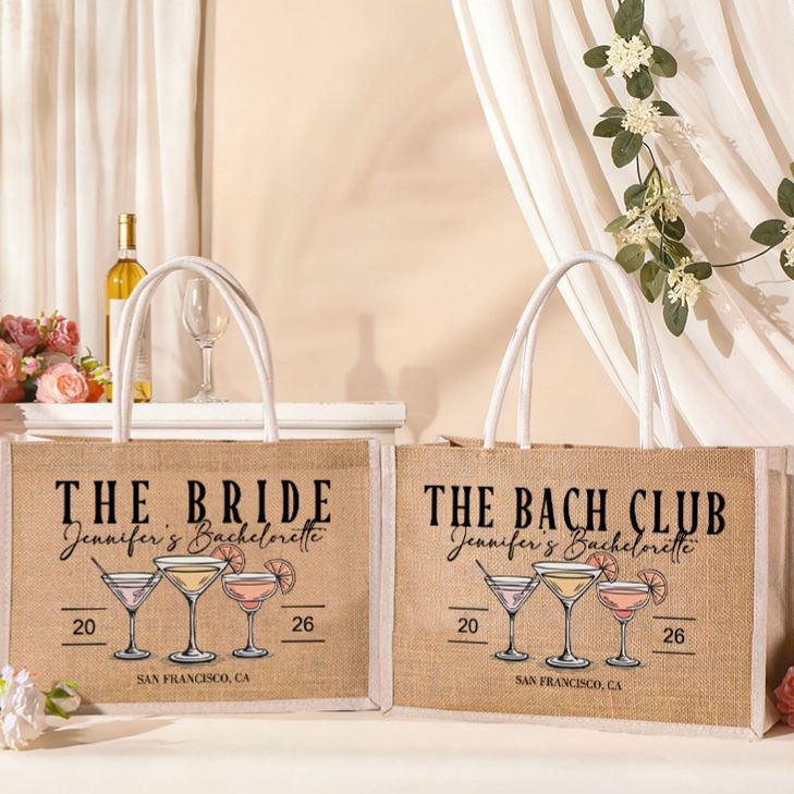 Personalized Bridesmaid The Bach Club Cocktail Burlap Tote Bag Bride Tote Bag Wedding Location Jute Beach Bag Bridal Shower Bachelorette Party Gift