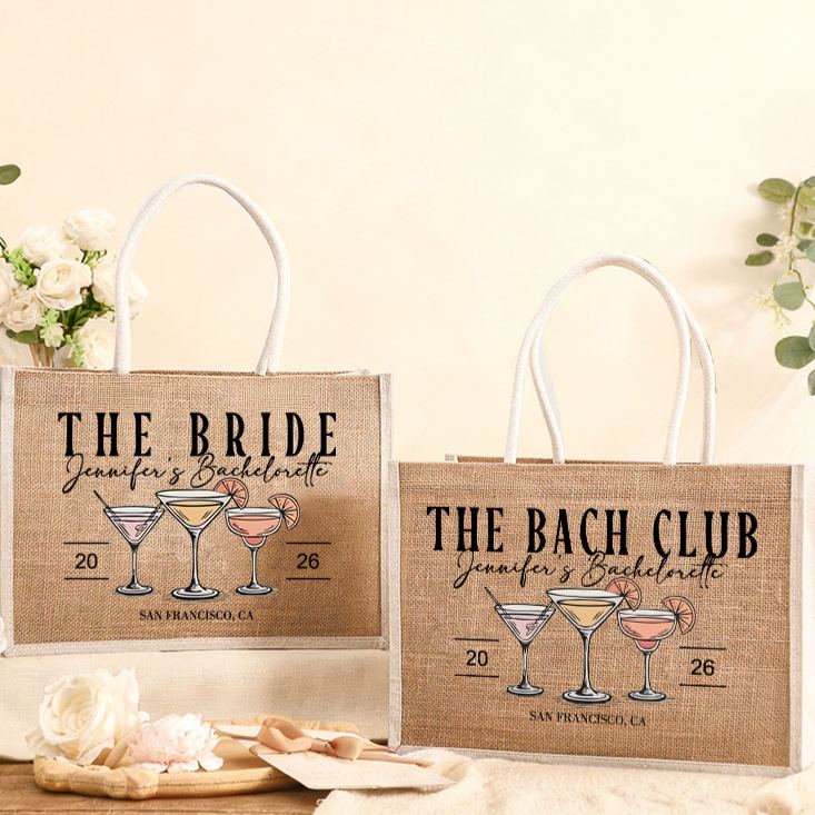 Personalized Bridesmaid The Bach Club Cocktail Burlap Tote Bag Bride Tote Bag Wedding Location Jute Beach Bag Bridal Shower Bachelorette Party Gift