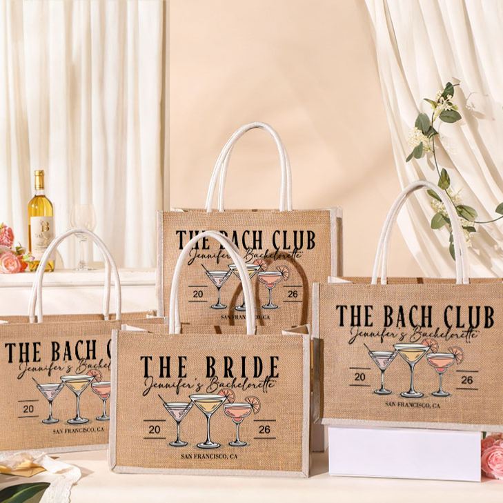 Personalized Bridesmaid The Bach Club Cocktail Burlap Tote Bag Bride Tote Bag Wedding Location Jute Beach Bag Bridal Shower Bachelorette Party Gift