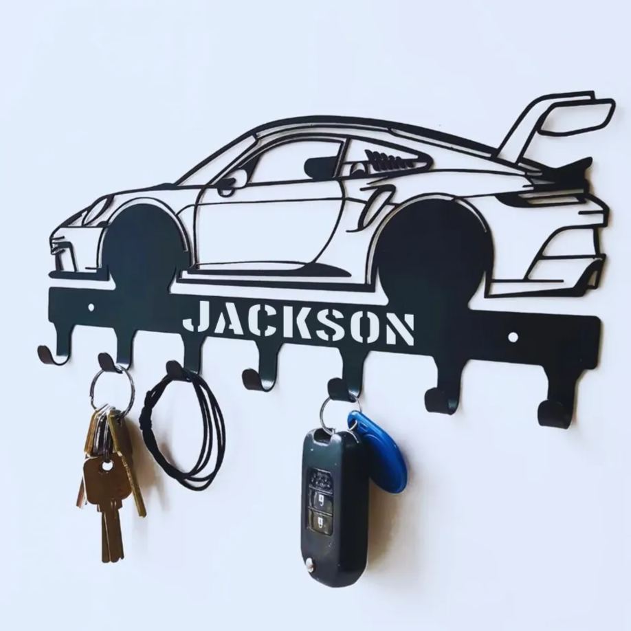 Personalized Metal Car Wall Hook Custom Key and Accessory Organizer Gift for Racer Vehicle Lover