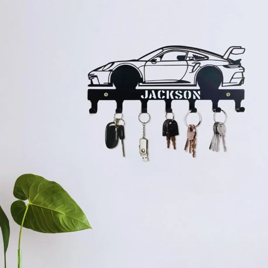 Personalized Metal Car Wall Hook Custom Key and Accessory Organizer Gift for Racer Vehicle Lover