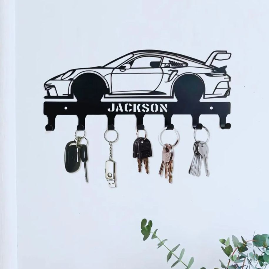 Personalized Metal Car Wall Hook Custom Key and Accessory Organizer Gift for Racer Vehicle Lover