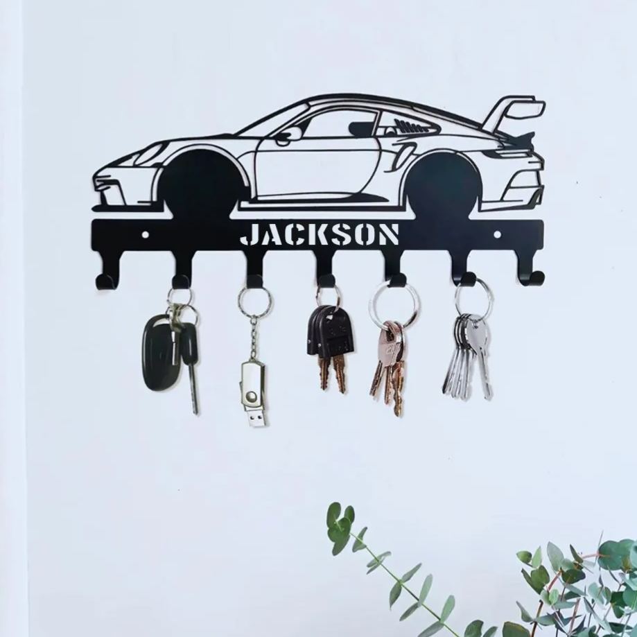 Personalized Metal Car Wall Hook Custom Key and Accessory Organizer Gift for Racer Vehicle Lover