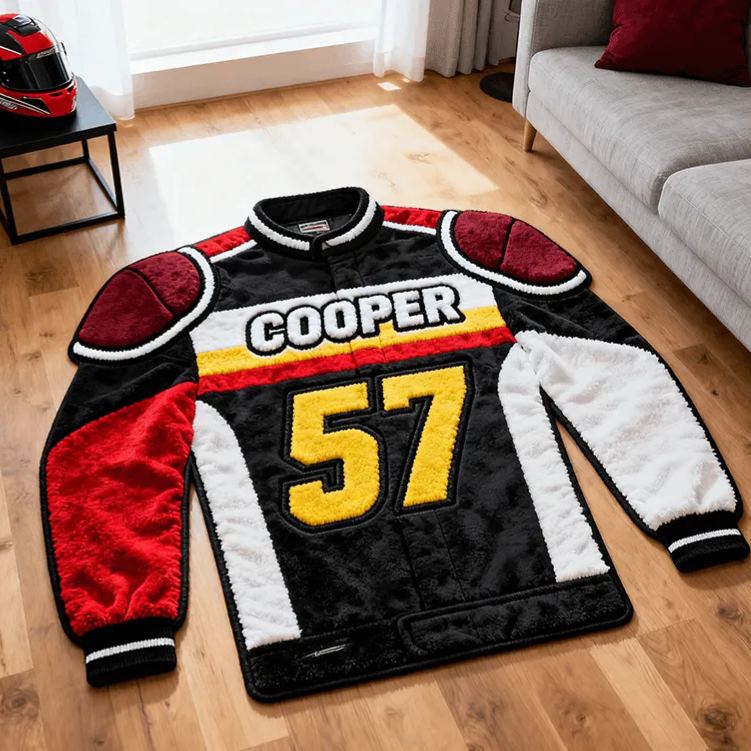 Personalized Racer Suit Rug Custom Name Racing Carpet Decor Gift for Car and Motorcycle Lovers