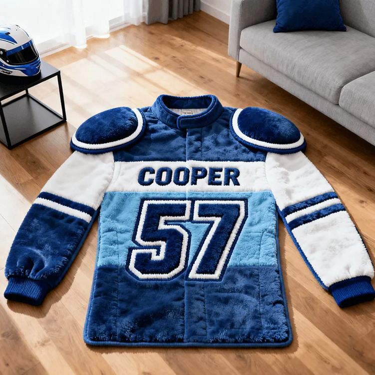 Personalized Racer Suit Rug Custom Name Racing Carpet Decor Gift for Car and Motorcycle Lovers