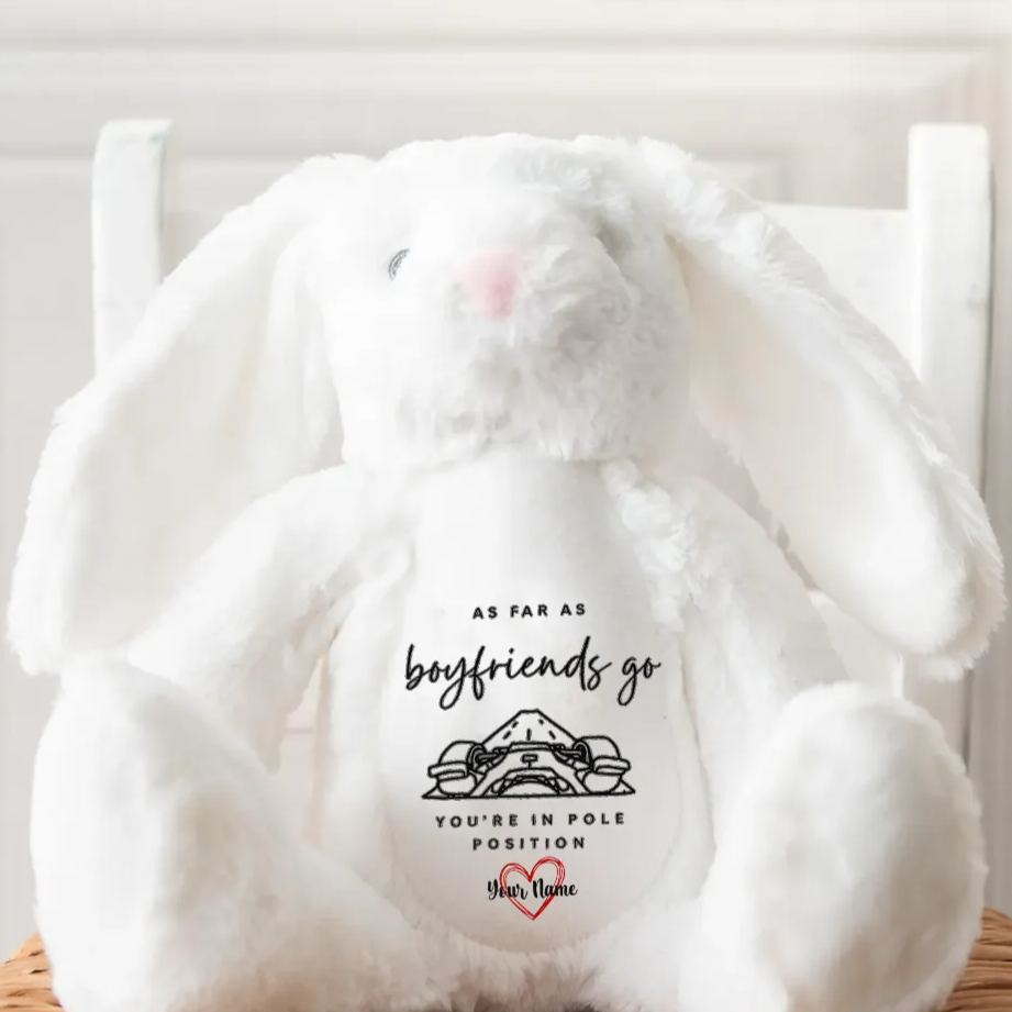 Personalized Racing Bunny Plush You're in Pole Position Custom Gift for Boyfriends