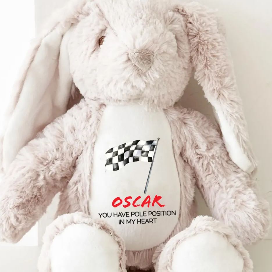Personalized Racing Bunny Plush Custom Pole Position in My Heart Gift for Motorsports Lovers