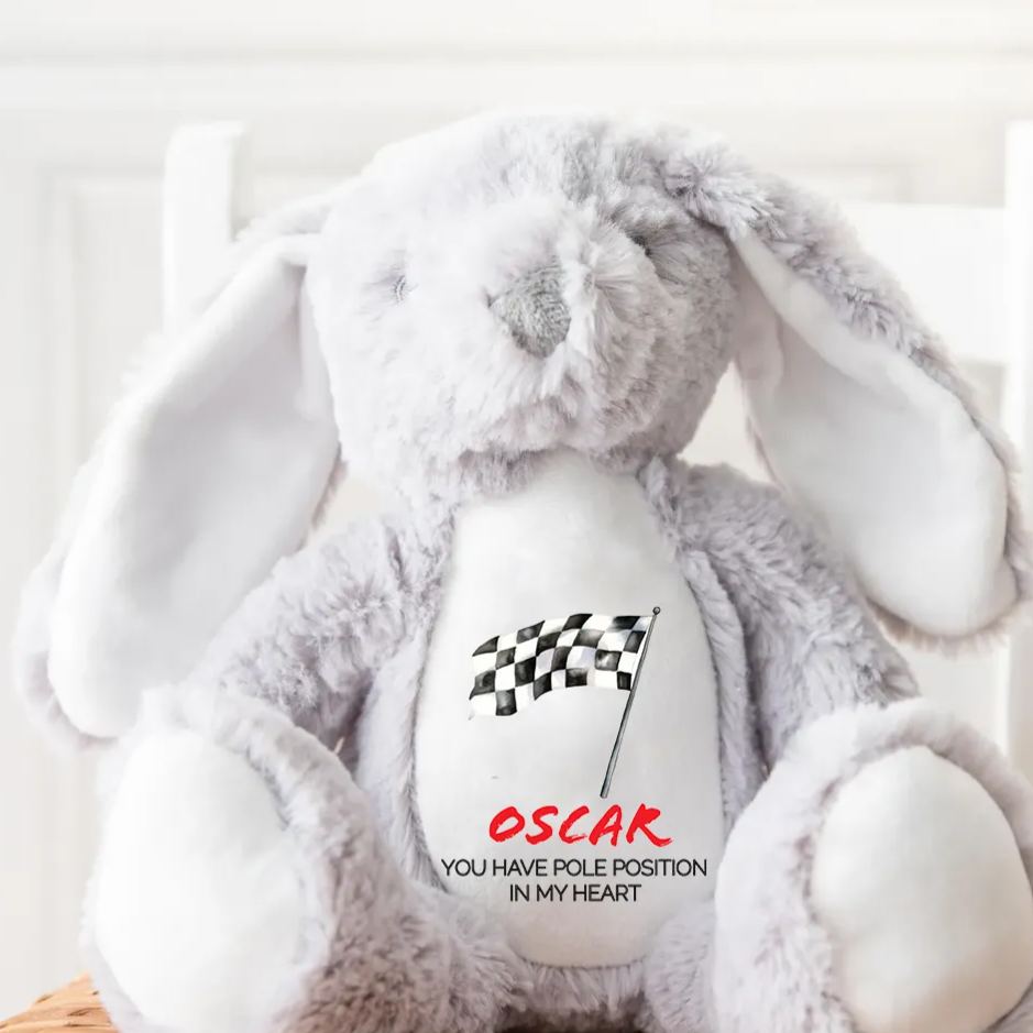 Personalized Racing Bunny Plush Custom Pole Position in My Heart Gift for Motorsports Lovers