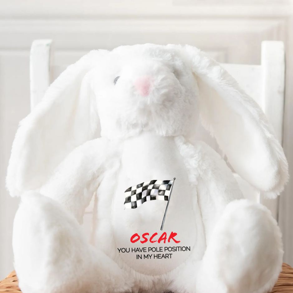 Personalized Racing Bunny Plush Custom Pole Position in My Heart Gift for Motorsports Lovers
