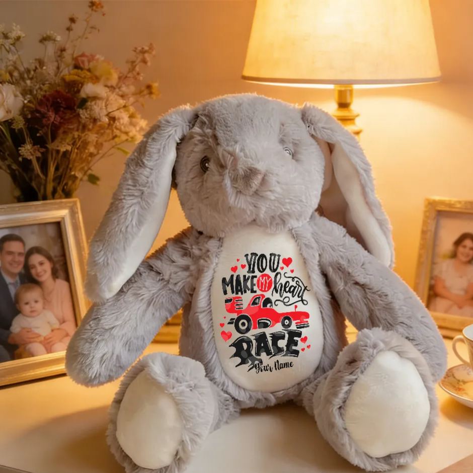 Personalized Racing Bunny Plush Custom Gift for Easter Valentine’s Day and Car Enthusiasts