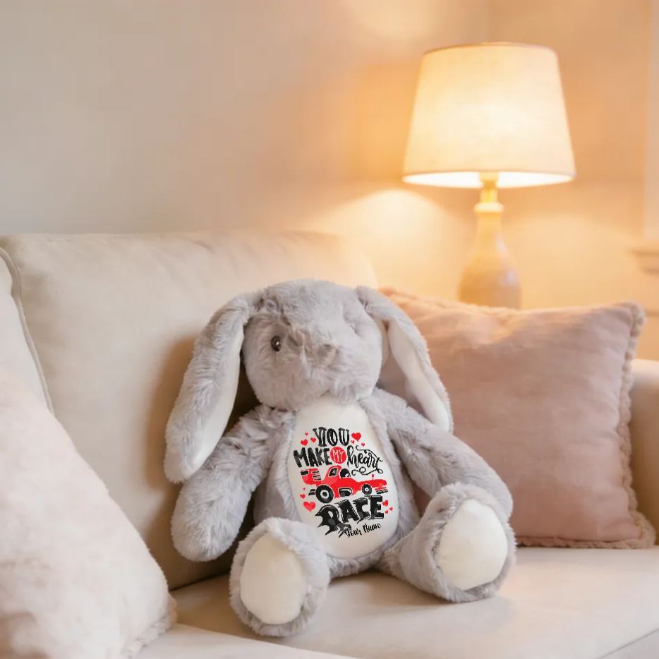 Personalized Racing Bunny Plush Custom Gift for Easter Valentine’s Day and Car Enthusiasts