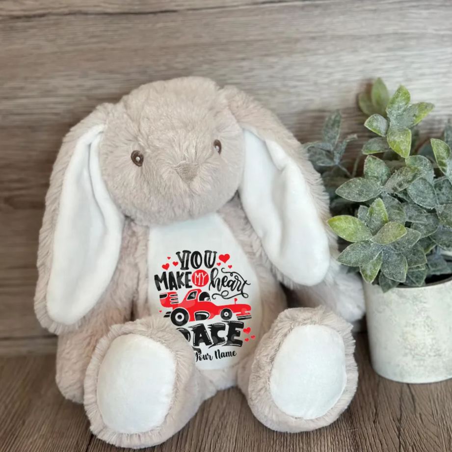 Personalized Racing Bunny Plush Custom Gift for Easter Valentine’s Day and Car Enthusiasts