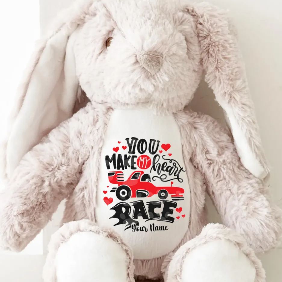Personalized Racing Bunny Plush Custom Gift for Easter Valentine’s Day and Car Enthusiasts