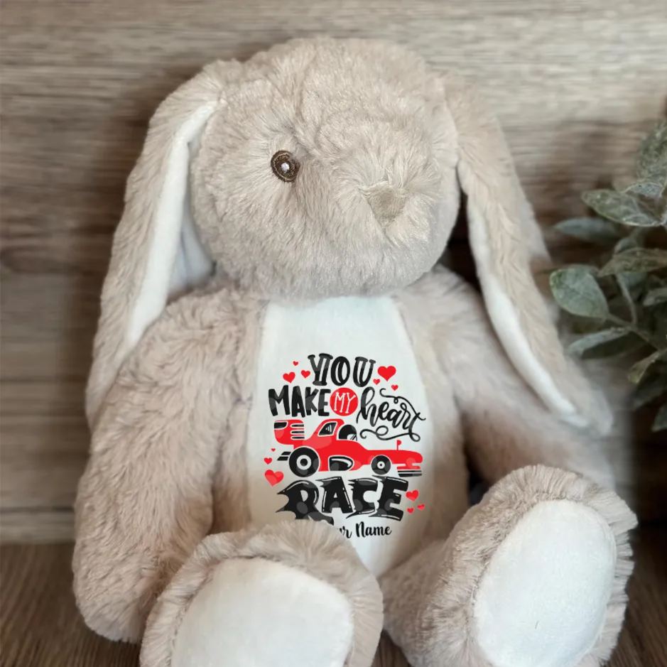 Personalized Racing Bunny Plush Custom Gift for Easter Valentine’s Day and Car Enthusiasts