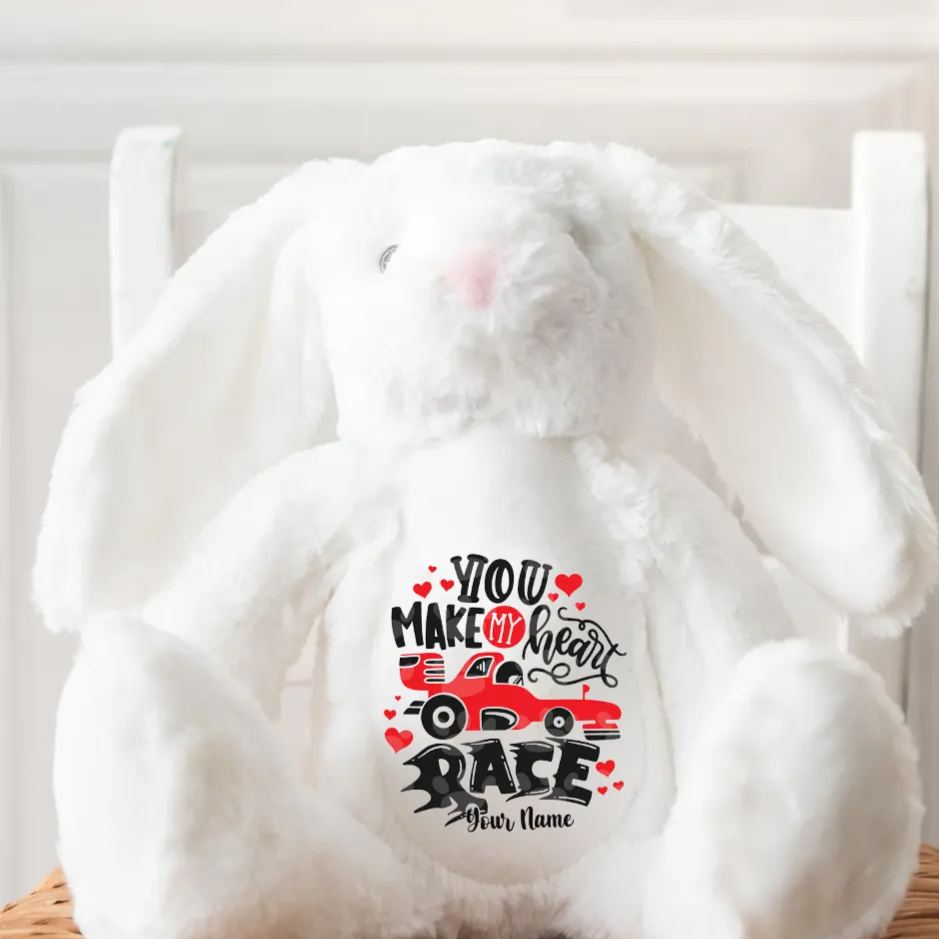 Personalized Racing Bunny Plush Custom Gift for Easter Valentine’s Day and Car Enthusiasts