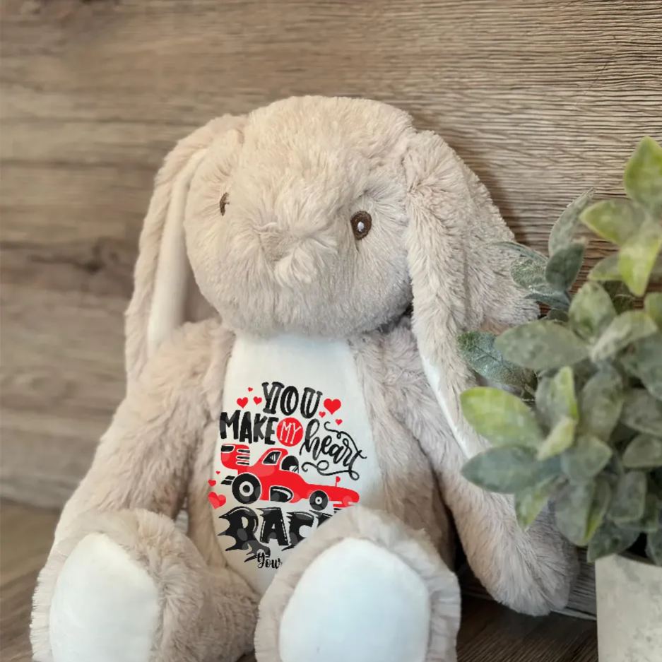 Personalized Racing Bunny Plush Custom Gift for Easter Valentine’s Day and Car Enthusiasts