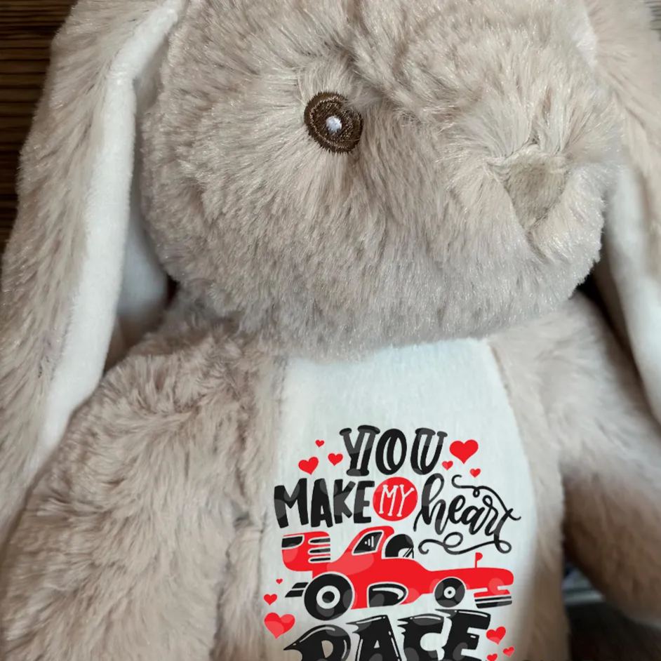 Personalized Racing Bunny Plush Custom Gift for Easter Valentine’s Day and Car Enthusiasts