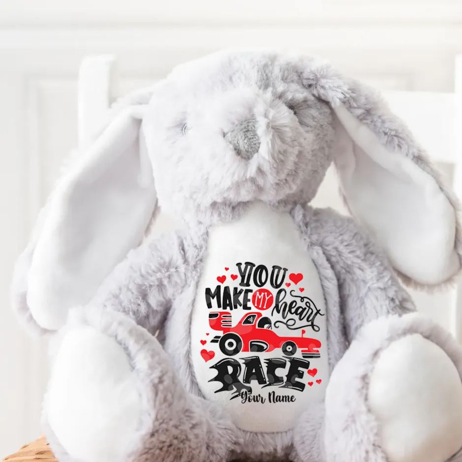 Personalized Racing Bunny Plush Custom Gift for Easter Valentine’s Day and Car Enthusiasts