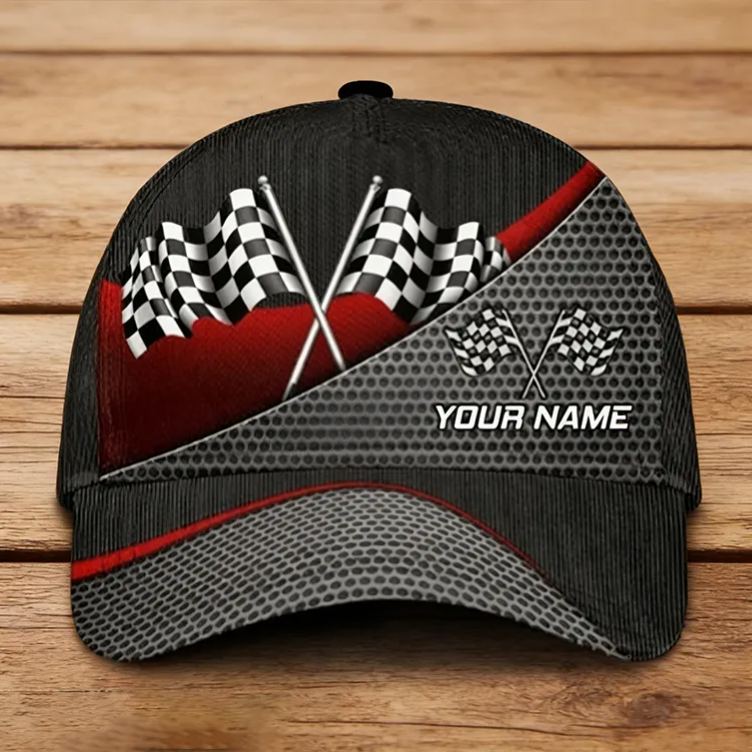 Personalized Racing Gifts Custom Name Full Print Checkered Flag Cap Racer Baseball Hat Motorsport Gift for Racing Lovers Men and Women