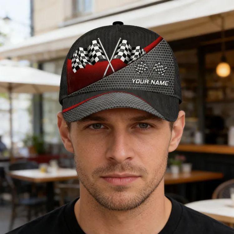 Personalized Racing Gifts Custom Name Full Print Checkered Flag Cap Racer Baseball Hat Motorsport Gift for Racing Lovers Men and Women