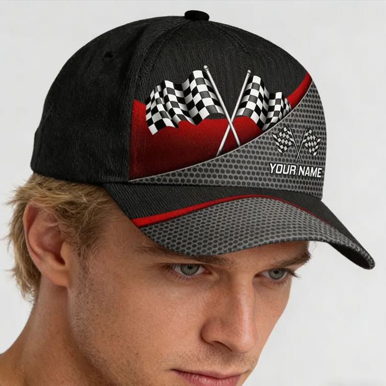 Personalized Racing Gifts Custom Name Full Print Checkered Flag Cap Racer Baseball Hat Motorsport Gift for Racing Lovers Men and Women
