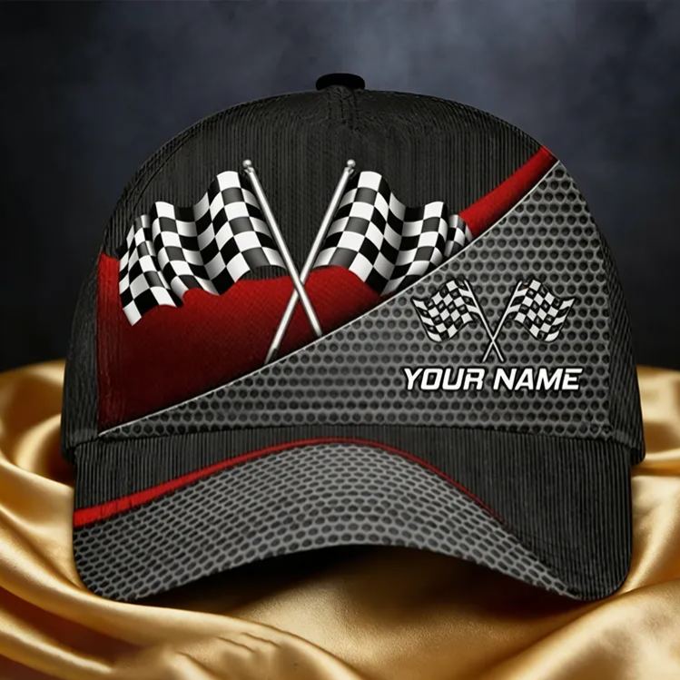 Personalized Racing Gifts Custom Name Full Print Checkered Flag Cap Racer Baseball Hat Motorsport Gift for Racing Lovers Men and Women