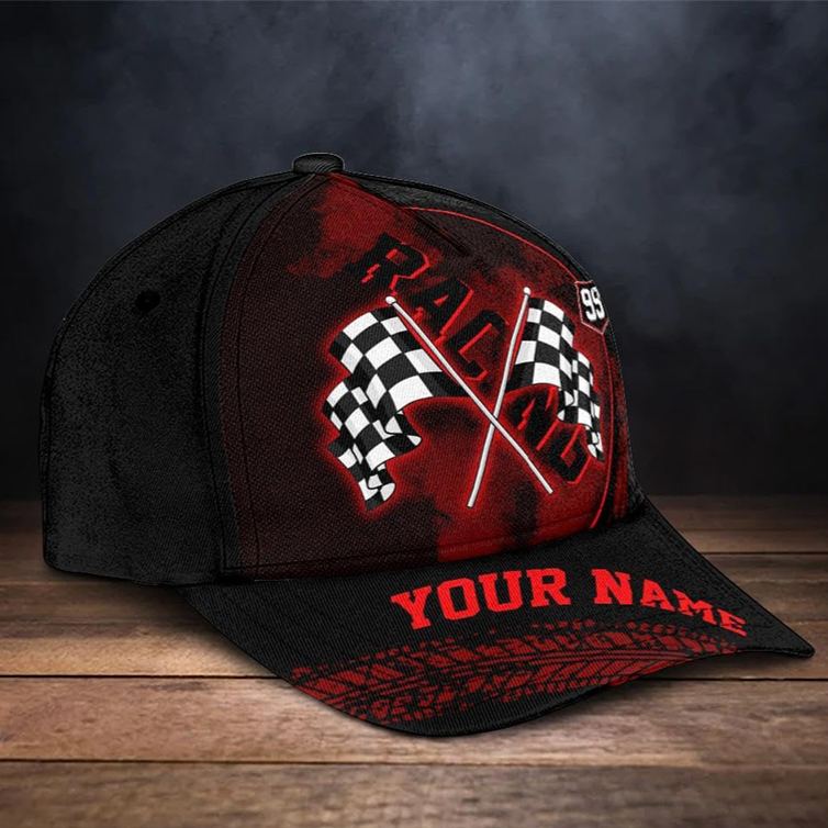 Personalized Racing Gifts Custom Name and Number Checkered Flag Cap Classic Racer Baseball Hat for Men and Women