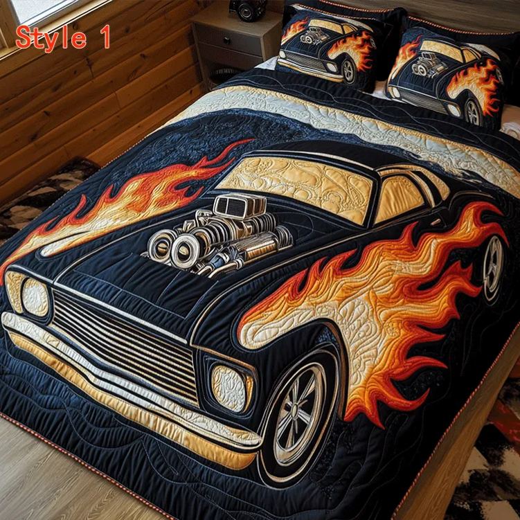 Personalized Flaming Muscle Car Quilt Bed Set Special Line Gift for Racing Lovers