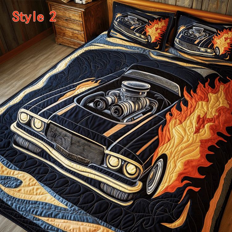 Personalized Flaming Muscle Car Quilt Bed Set Special Line Gift for Racing Lovers