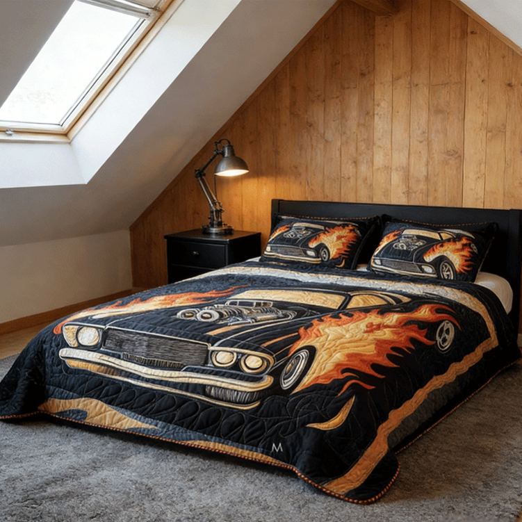 Personalized Flaming Muscle Car Quilt Bed Set Special Line Gift for Racing Lovers