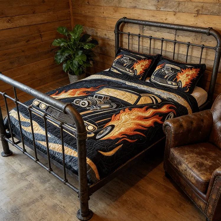 Personalized Flaming Muscle Car Quilt Bed Set Special Line Gift for Racing Lovers