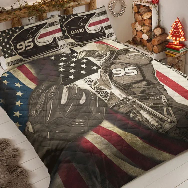Personalized Motorcycle Speedway Quilt Bed Set Gift for Biker and Motorcycle Fans