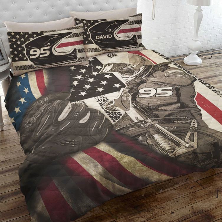 Personalized Motorcycle Speedway Quilt Bed Set Gift for Biker and Motorcycle Fans