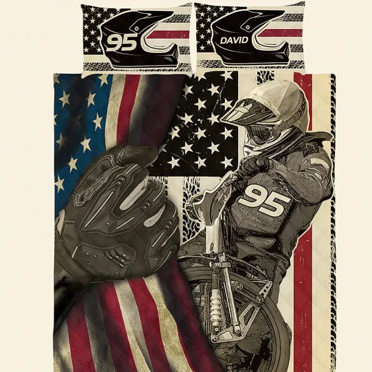 Personalized Motorcycle Speedway Quilt Bed Set Gift for Biker and Motorcycle Fans