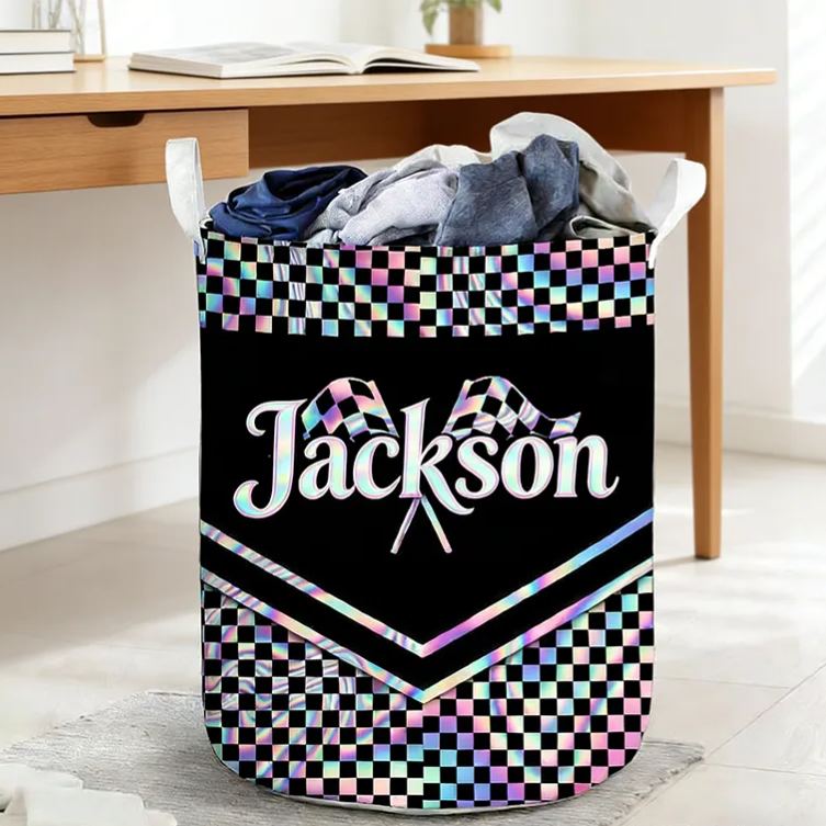 Personalized Racing Gifts Custom Name Laundry Basket Checkered Flag Storage Bin Race Car Lover Room Organizer Decor