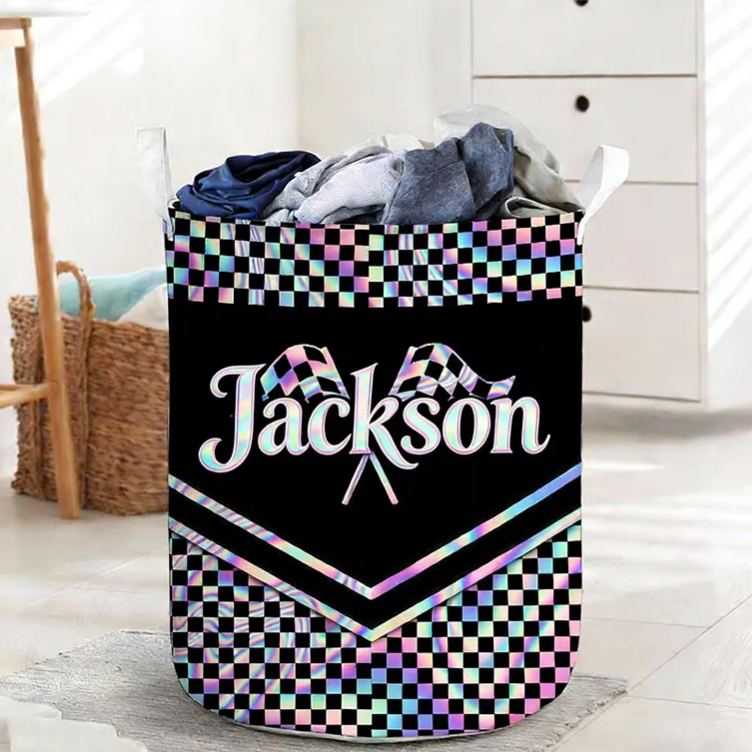 Personalized Racing Gifts Custom Name Laundry Basket Checkered Flag Storage Bin Race Car Lover Room Organizer Decor