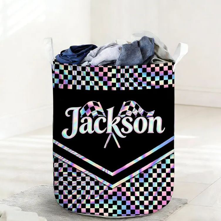 Personalized Racing Gifts Custom Name Laundry Basket Checkered Flag Storage Bin Race Car Lover Room Organizer Decor