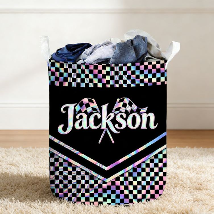 Personalized Racing Gifts Custom Name Laundry Basket Checkered Flag Storage Bin Race Car Lover Room Organizer Decor