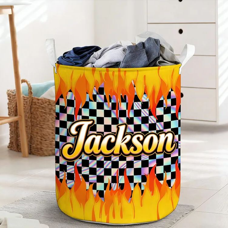 Personalized Racing Gifts Custom Name Laundry Basket Flame Checkered Storage Bin Race Car Lover Room Organizer Decor