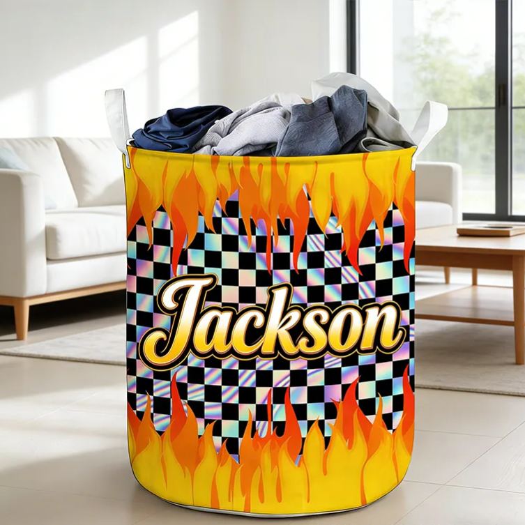 Personalized Racing Gifts Custom Name Laundry Basket Flame Checkered Storage Bin Race Car Lover Room Organizer Decor
