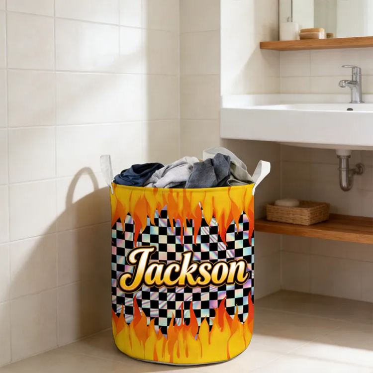 Personalized Racing Gifts Custom Name Laundry Basket Flame Checkered Storage Bin Race Car Lover Room Organizer Decor