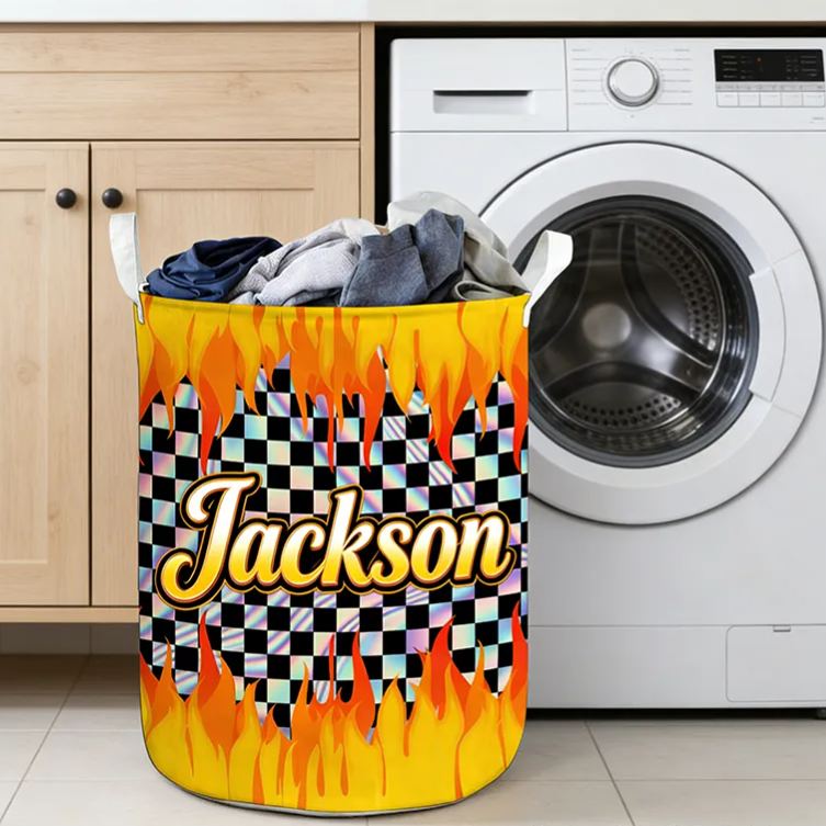 Personalized Racing Gifts Custom Name Laundry Basket Flame Checkered Storage Bin Race Car Lover Room Organizer Decor
